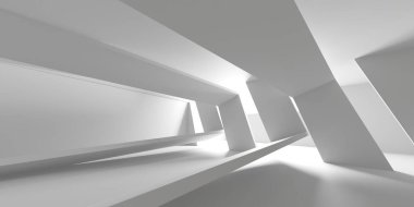 Minimalist oda alanı. Beyaz, temiz, içi boş bir mimari. 3d oluşturma