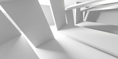 Minimalist oda alanı. Beyaz, temiz, içi boş bir mimari. 3d oluşturma