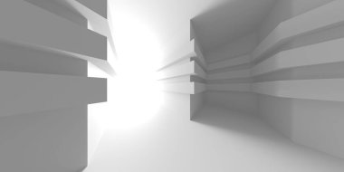 Işıklı soyut beyaz oda. Basit bir tasarım. Mimarinin iç mimarisi. 3d oluşturma