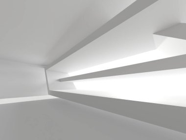 Beyaz fütüristik boş oda iç mekanı. Mimari tasarım. 3d oluşturma