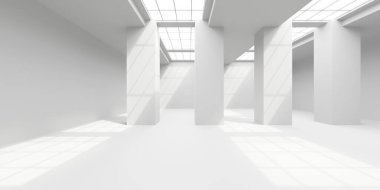 Minimalist oda alanı. Beyaz, temiz, içi boş bir mimari. 3d oluşturma