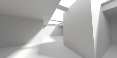 Beyaz, zarif, boş bir alan. Beyaz duvar odası arka planı. Soyut iç mekan. 3d oluşturma