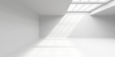 Beyaz, zarif, boş bir alan. Beyaz duvar odası arka planı. Soyut iç mekan. 3d oluşturma