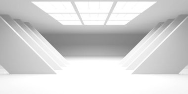 Beyaz, zarif, boş bir alan. Beyaz duvar odası arka planı. Soyut iç mekan. 3d oluşturma