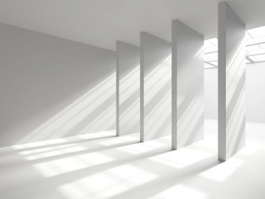 Beyaz, zarif, boş bir alan. Beyaz duvar odası arka planı. Soyut iç mekan. 3d oluşturma