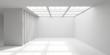 Minimalist oda alanı. Beyaz, temiz, içi boş bir mimari. 3d oluşturma