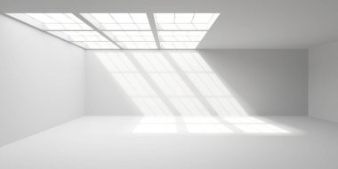 Minimalist oda alanı. Beyaz, temiz, içi boş bir mimari. 3d oluşturma