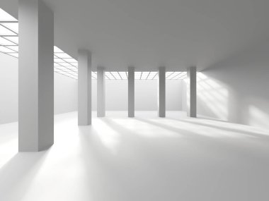 Minimalist oda alanı. Beyaz, temiz, içi boş bir mimari. 3d oluşturma