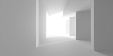 Minimalist oda alanı. Beyaz, temiz, içi boş bir mimari. 3d oluşturma