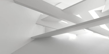 Minimalist oda alanı. Beyaz, temiz, içi boş bir mimari. 3d oluşturma