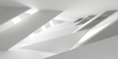 Beyaz, zarif, boş bir alan. Beyaz duvar odası arka planı. Soyut iç mekan. 3d oluşturma