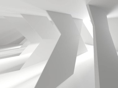 Beyaz, zarif, boş bir alan. Beyaz duvar odası arka planı. Soyut iç mekan. 3d oluşturma