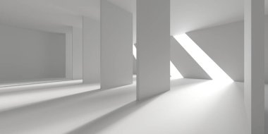 Beyaz, zarif, boş bir alan. Beyaz duvar odası arka planı. Soyut iç mekan. 3d oluşturma