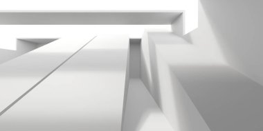 Minimalist oda alanı. Beyaz, temiz, içi boş bir mimari. 3d oluşturma