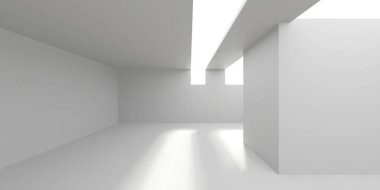 Minimalist oda alanı. Beyaz, temiz, içi boş bir mimari. 3d oluşturma