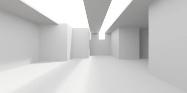 Minimalist oda alanı. Beyaz, temiz, içi boş bir mimari. 3d oluşturma