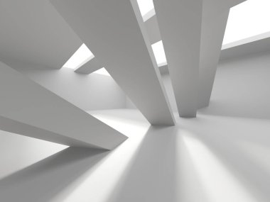 Minimalist oda alanı. Beyaz, temiz, içi boş bir mimari. 3d oluşturma