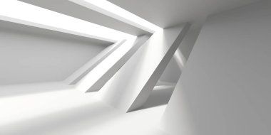 Minimalist oda alanı. Beyaz, temiz, içi boş bir mimari. 3d oluşturma