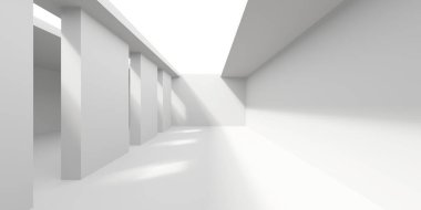 Minimalist oda alanı. Beyaz, temiz, içi boş bir mimari. 3d oluşturma