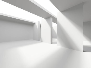 Minimalist oda alanı. Beyaz, temiz, içi boş bir mimari. 3d oluşturma