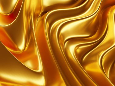 Soyut altın arka plan. Akan metalik kurdeleler. Lüks duvar kâğıdı. 3d oluşturma