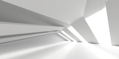 Beyaz, zarif, boş bir alan. Beyaz duvar odası arka planı. Soyut iç mekan. 3d oluşturma