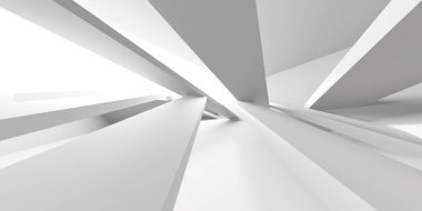 Beyaz, zarif, boş bir alan. Beyaz duvar odası arka planı. Soyut iç mekan. 3d oluşturma