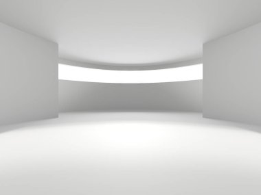 Beyaz, zarif, boş bir alan. Beyaz duvar odası arka planı. Soyut iç mekan. 3d oluşturma