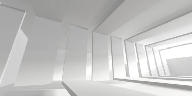 Beyaz, zarif, boş bir alan. Beyaz duvar odası arka planı. Soyut iç mekan. 3d oluşturma