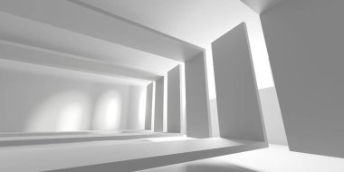 Beyaz, zarif, boş bir alan. Beyaz duvar odası arka planı. Soyut iç mekan. 3d oluşturma