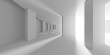 İçerideki soyut ışık koridoru. Gelecekçi mimari geçmişi. 3d oluşturma