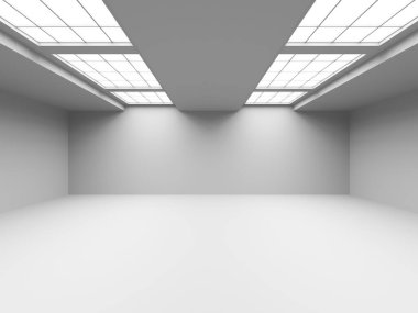 Beyaz, zarif, boş bir alan. Beyaz duvar odası arka planı. Soyut iç mekan. 3d oluşturma