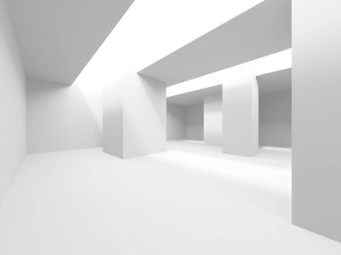 Minimalist oda alanı. Beyaz, temiz, içi boş bir mimari. 3d oluşturma