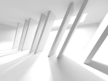 Beyaz, zarif, boş bir alan. Beyaz duvar odası arka planı. Soyut iç mekan. 3d oluşturma