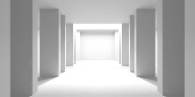Minimalist oda alanı. Beyaz, temiz, içi boş bir mimari. 3d oluşturma