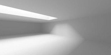 Minimalist oda alanı. Beyaz, temiz, içi boş bir mimari. 3d oluşturma
