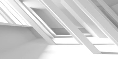 Minimalist oda alanı. Beyaz, temiz, içi boş bir mimari. 3d oluşturma