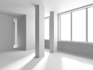 Beyaz, zarif, boş bir alan. Beyaz duvar odası arka planı. Soyut iç mekan. 3d oluşturma