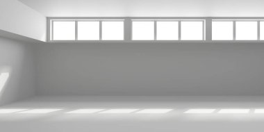 Minimalist oda alanı. Beyaz, temiz, içi boş bir mimari. 3d oluşturma