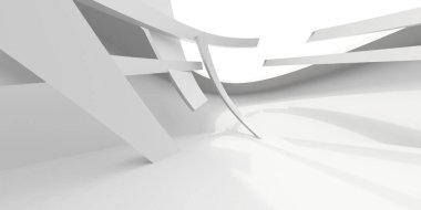 Beyaz, zarif, boş bir alan. Beyaz duvar odası arka planı. Soyut iç mekan. 3d oluşturma