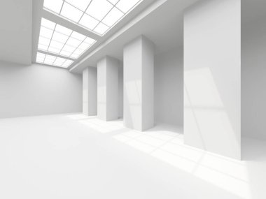 Beyaz, zarif, boş bir alan. Beyaz duvar odası arka planı. Soyut iç mekan. 3d oluşturma