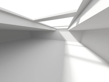Minimalist oda alanı. Beyaz, temiz, içi boş bir mimari. 3d oluşturma