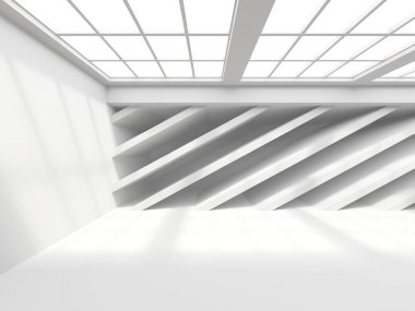 Minimalist oda alanı. Beyaz, temiz, içi boş bir mimari. 3d oluşturma