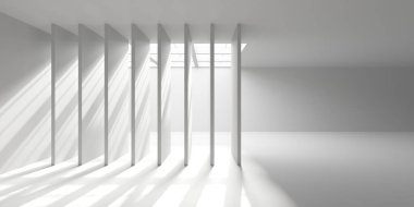 Beyaz, zarif, boş bir alan. Beyaz duvar odası arka planı. Soyut iç mekan. 3d oluşturma