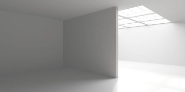Minimalist oda alanı. Beyaz, temiz, içi boş bir mimari. 3d oluşturma