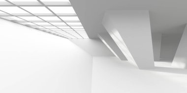 Minimalist oda alanı. Beyaz, temiz, içi boş bir mimari. 3d oluşturma