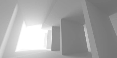 Beyaz, zarif, boş bir alan. Beyaz duvar odası arka planı. Soyut iç mekan. 3d oluşturma