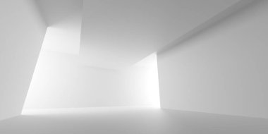 Beyaz, zarif, boş bir alan. Beyaz duvar odası arka planı. Soyut iç mekan. 3d oluşturma