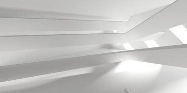 Minimalist oda alanı. Beyaz, temiz, içi boş bir mimari. 3d oluşturma