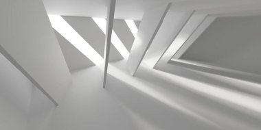 Beyaz, zarif, boş bir alan. Beyaz duvar odası arka planı. Soyut iç mekan. 3d oluşturma